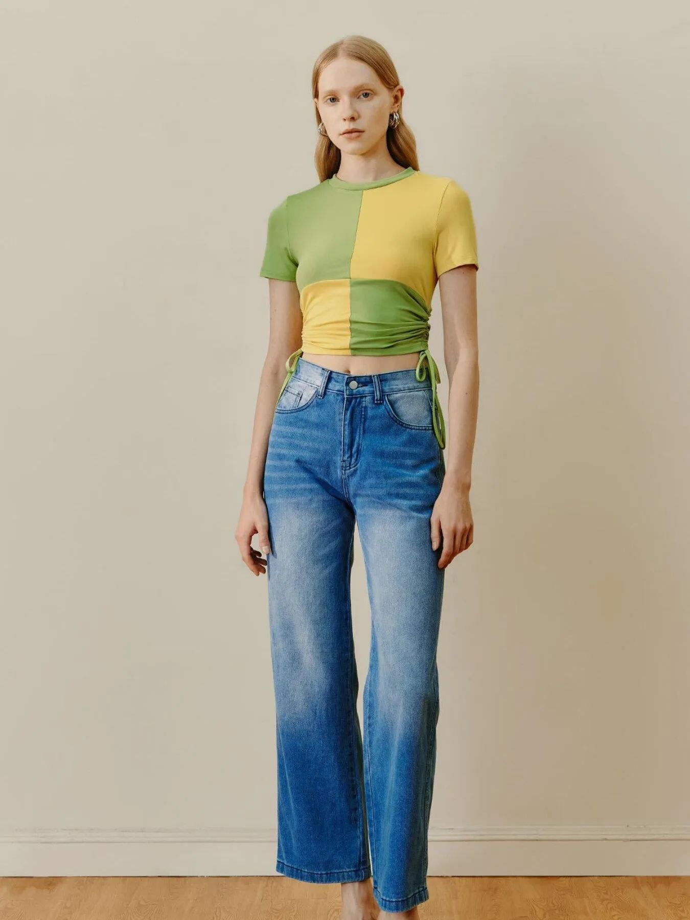 Colorblock Drawstring Ruhed Crop Top