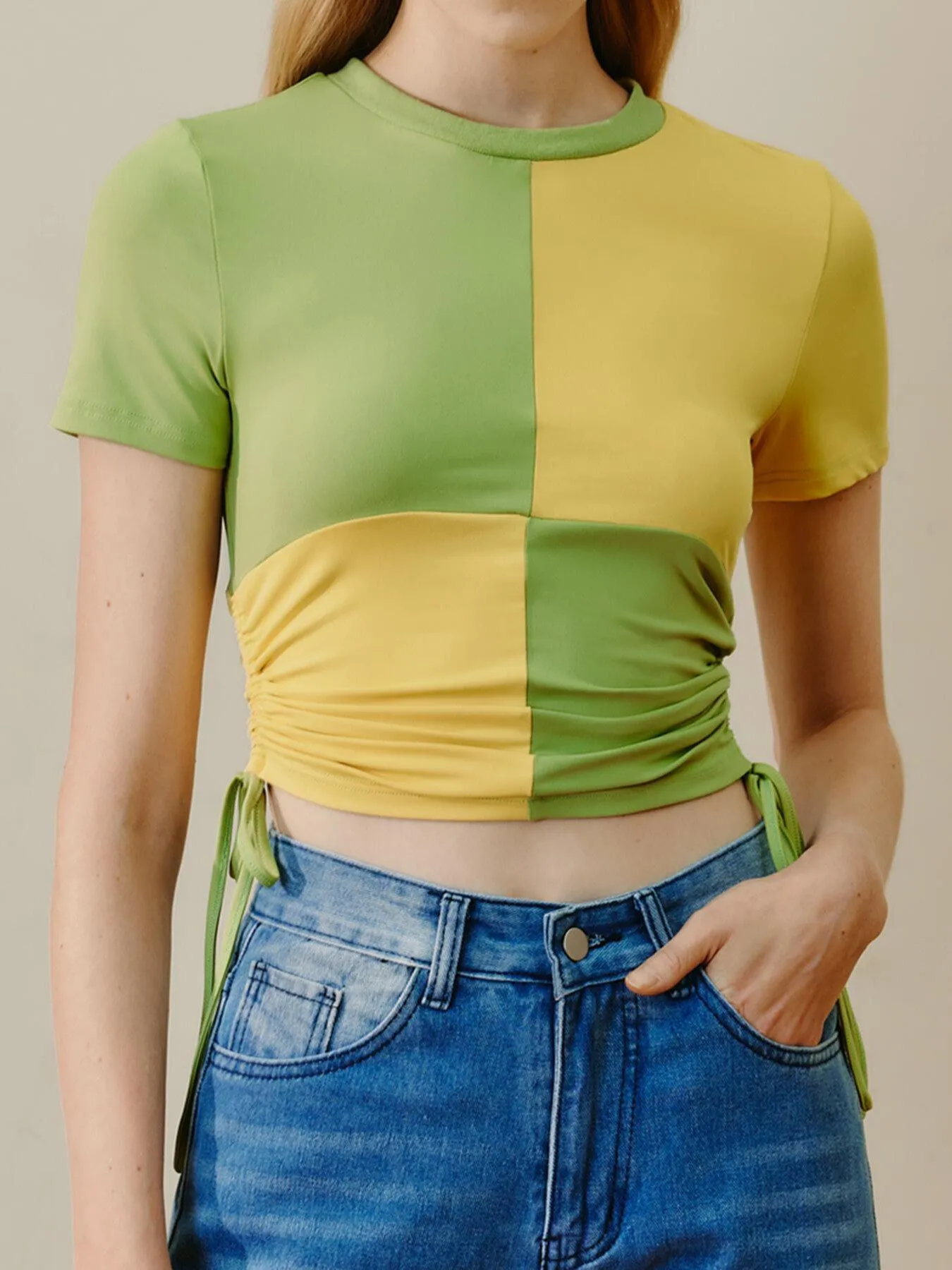 Colorblock Drawstring Ruhed Crop Top