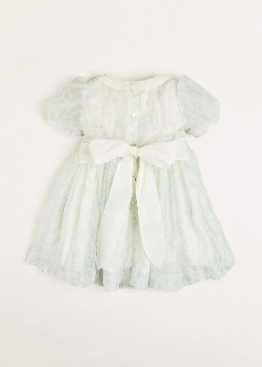 Constance Floral Print Handsmocked Short Sleeve Party Dress in Light Green (2-6yrs)