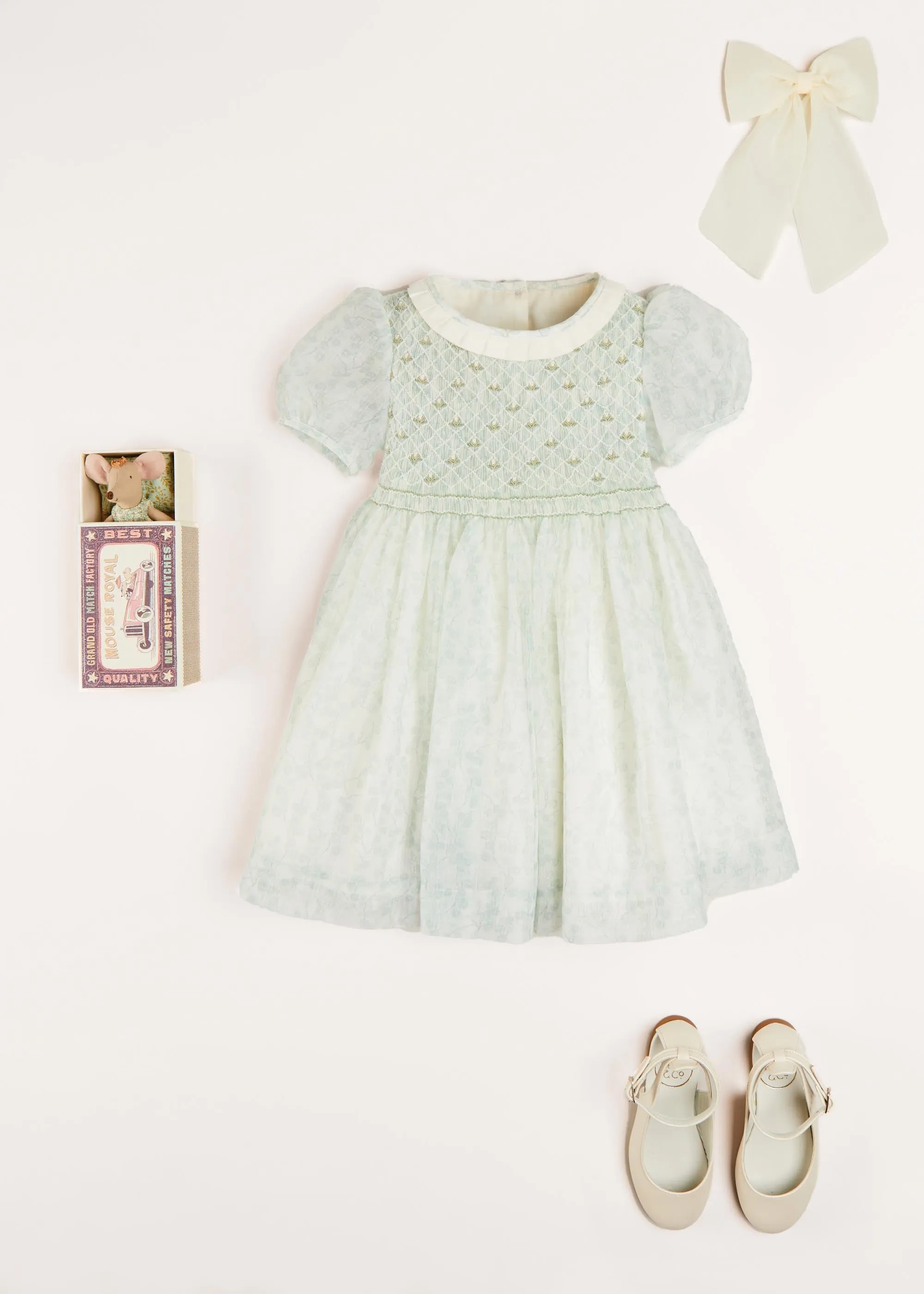 Constance Floral Print Handsmocked Short Sleeve Party Dress in Light Green (2-6yrs)