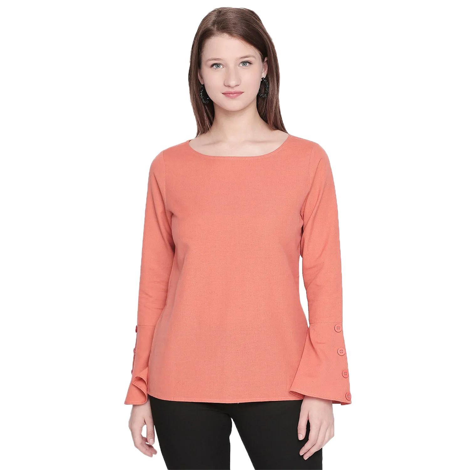 Coral Solid Bell Sleeves Top