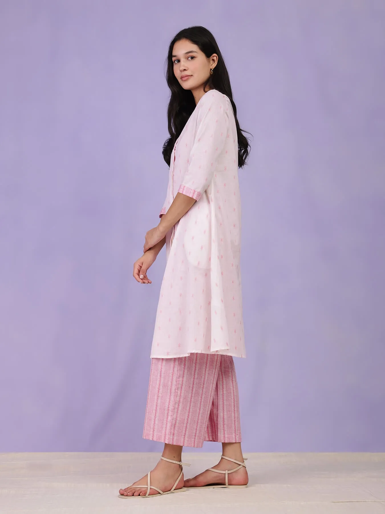 Cotton A-Line Kurta Set - Off White & Pink