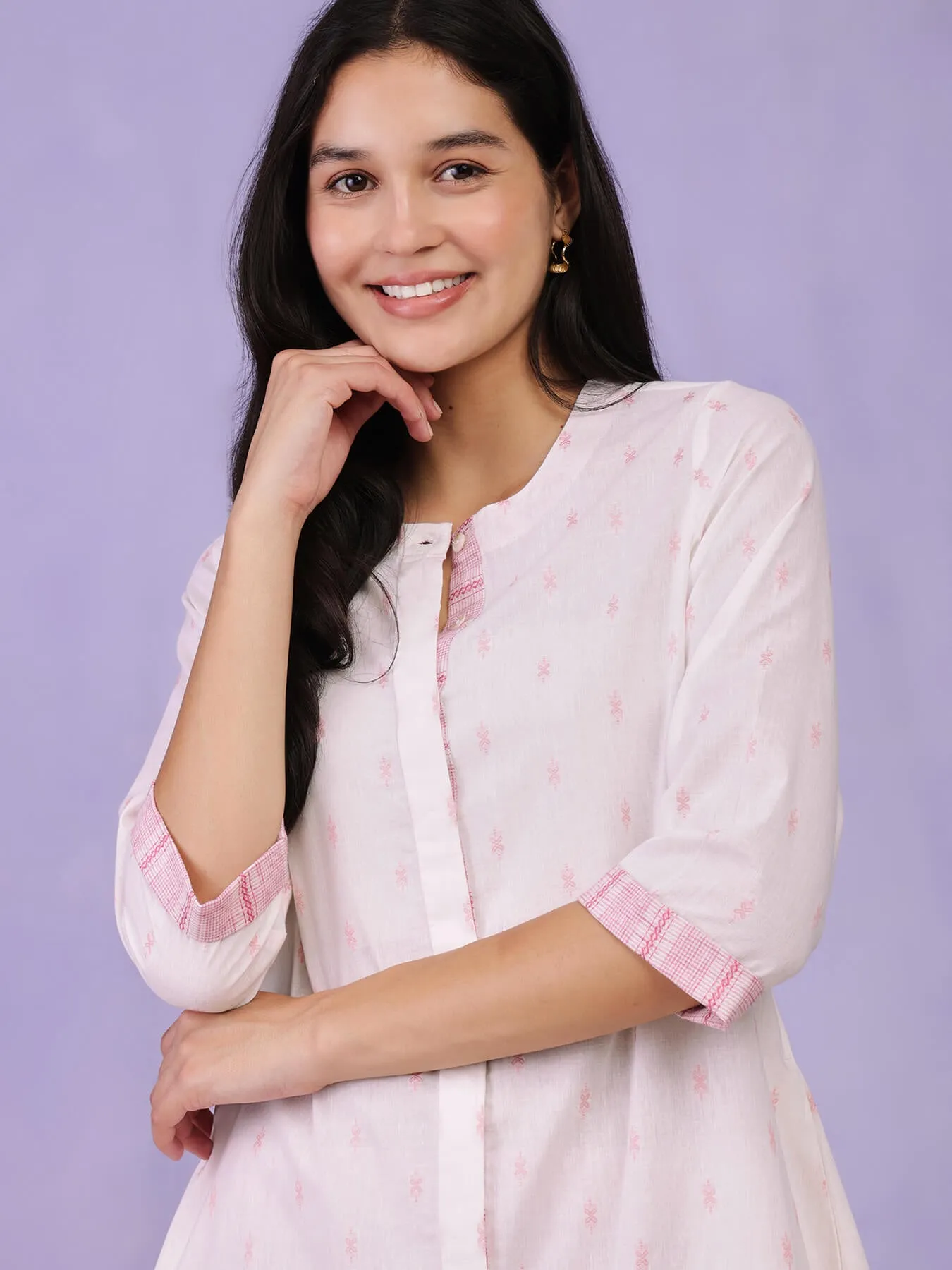 Cotton A-Line Kurta Set - Off White & Pink