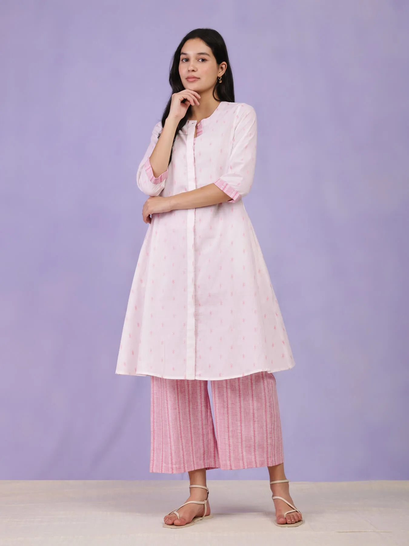 Cotton A-Line Kurta Set - Off White & Pink