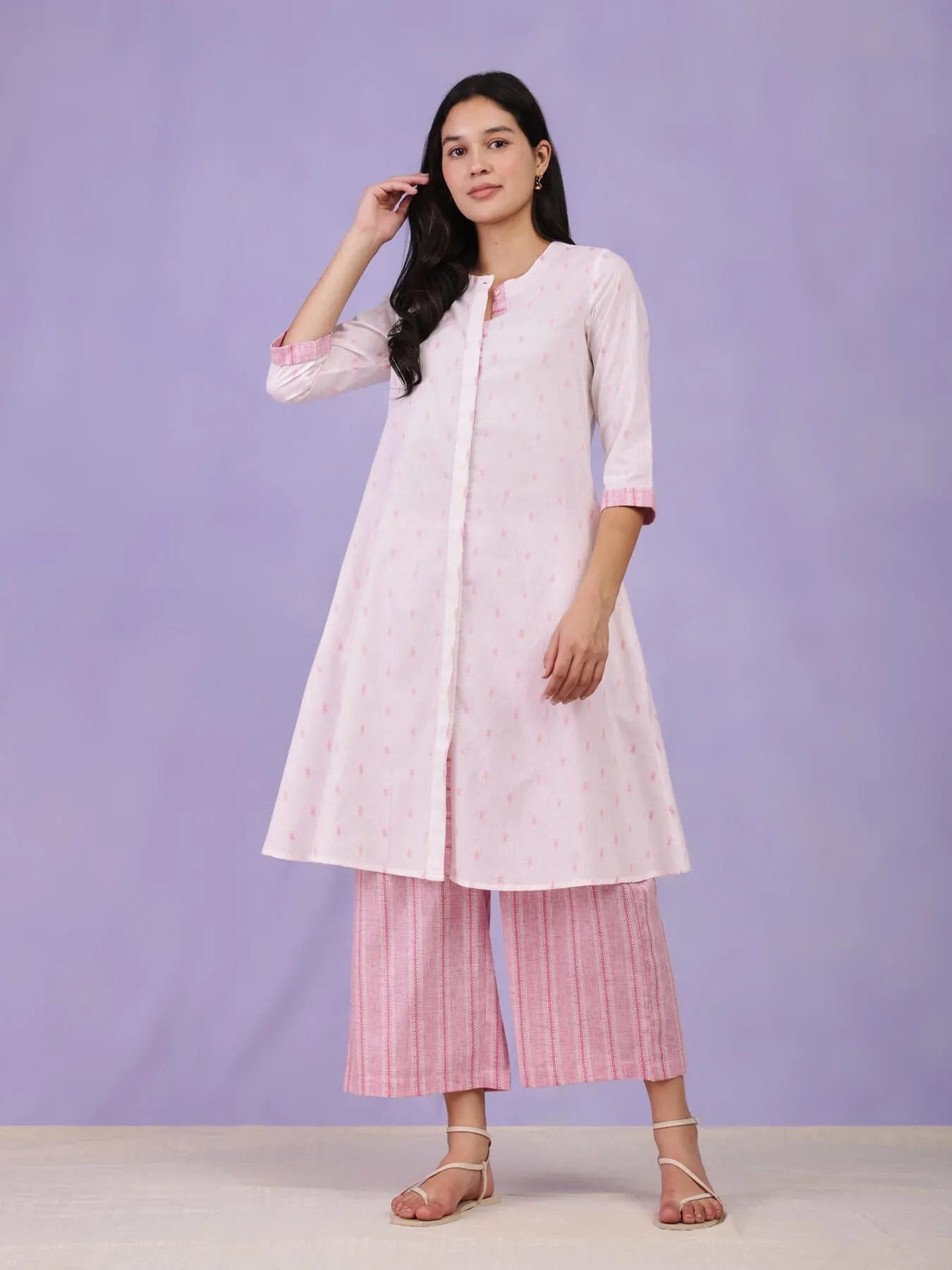 Cotton A-Line Kurta Set - Off White & Pink