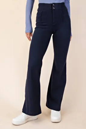 Cotton Stretch Twill Double Button Up Flared Pants Navy