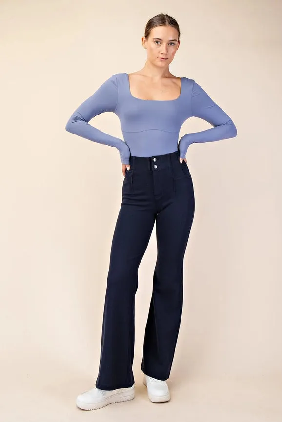 Cotton Stretch Twill Double Button Up Flared Pants Navy