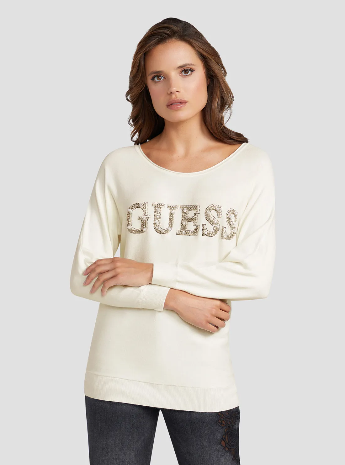 Cream White Gabrielle Embellished Logo Jumper