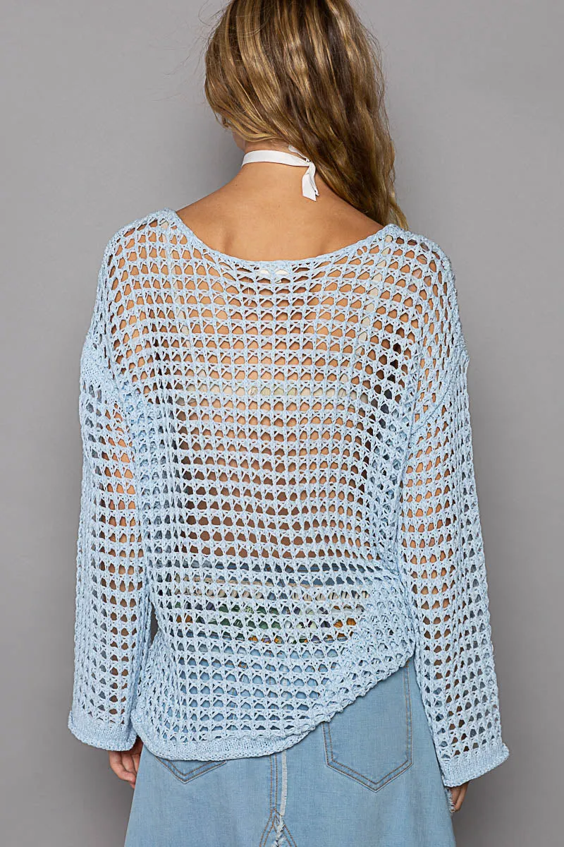 Crochet Mesh Knit Boat Neck Top w/ Bell Sleeve