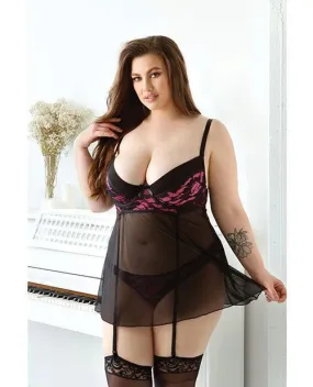 Curve Madison Soft Cup Babydoll W/garters & Panty Black/pink