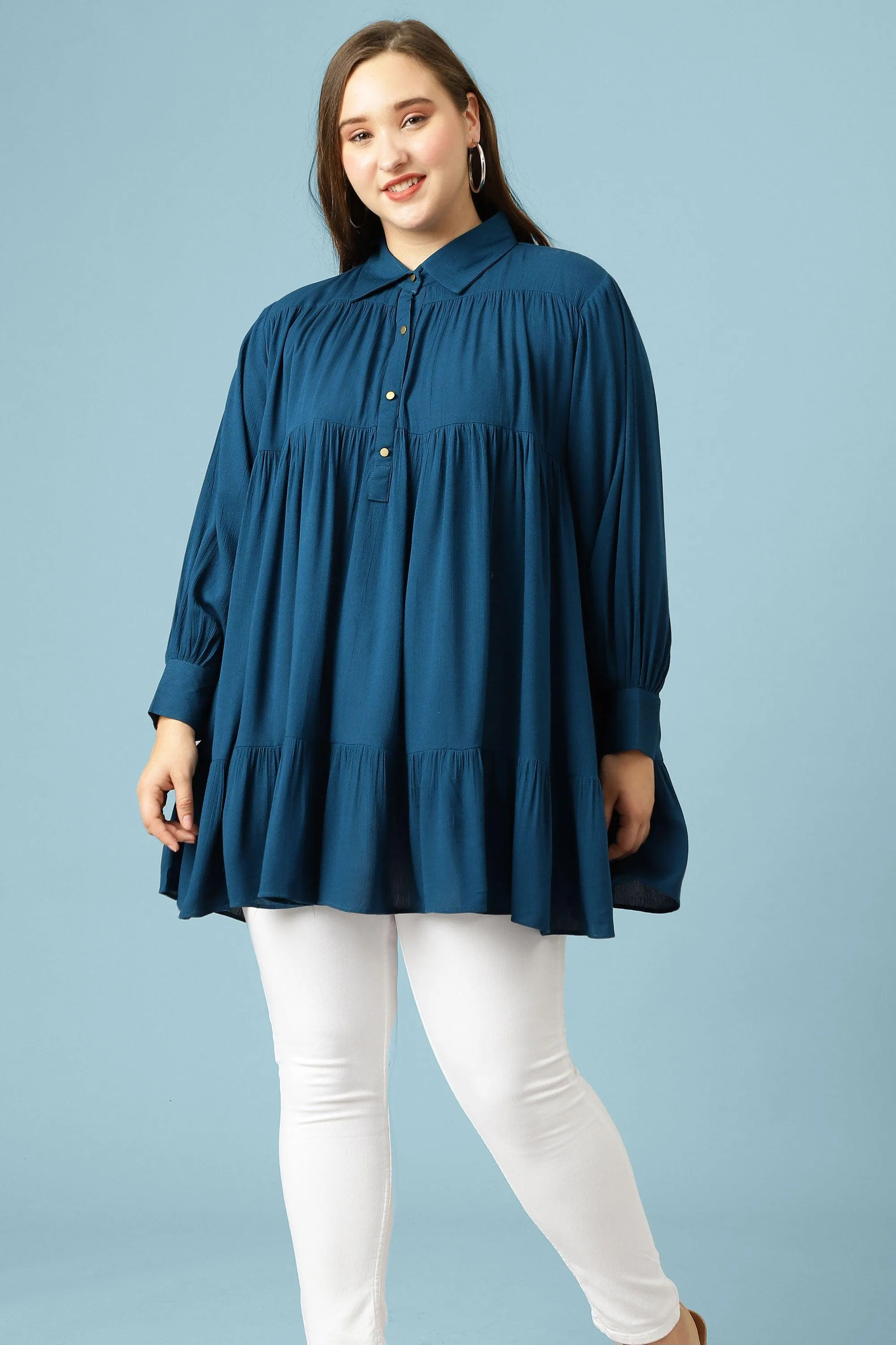 Curvy Lane Women Plus Size Bishop Sleeves Pleated Long Top