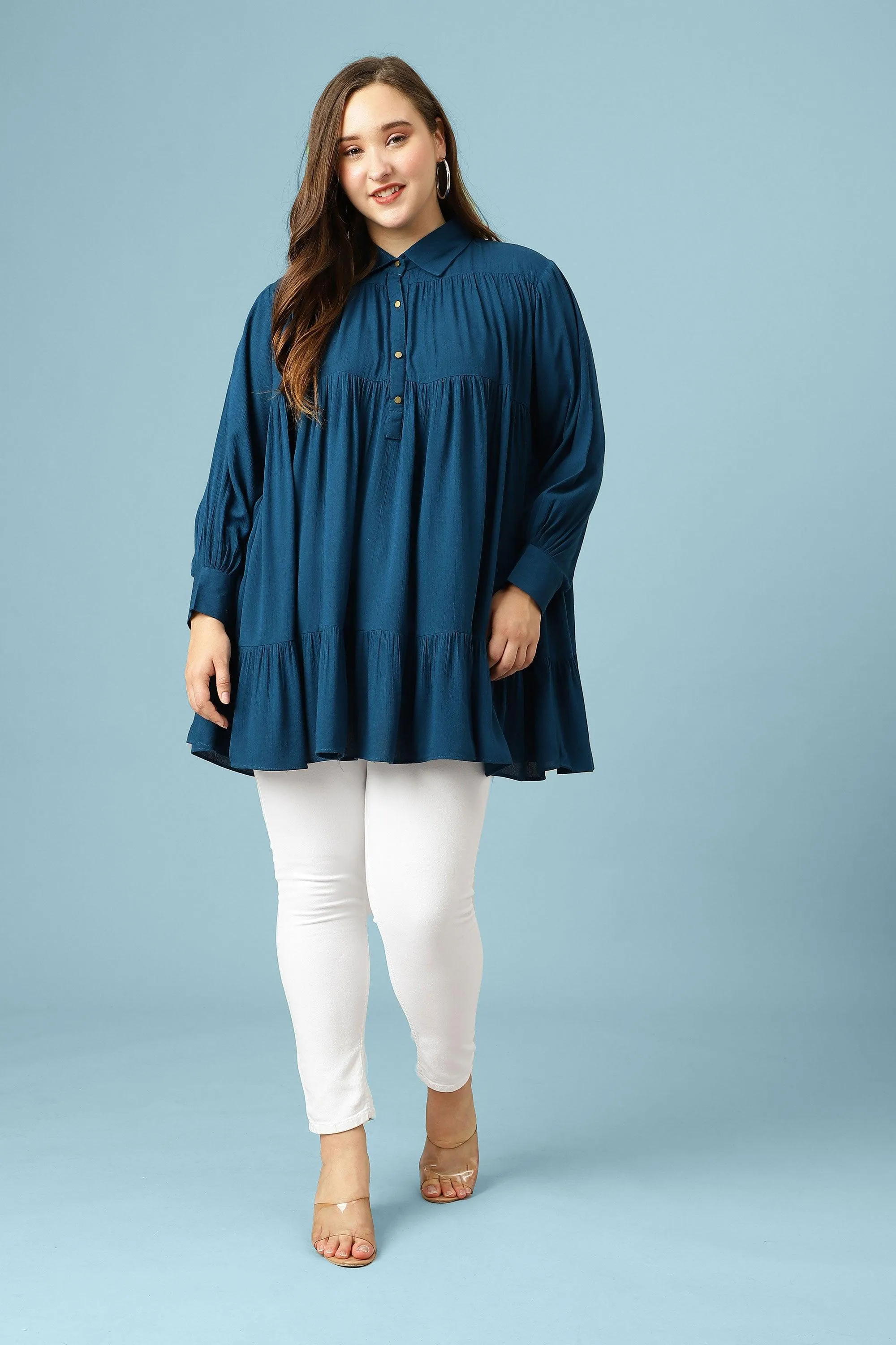 Curvy Lane Women Plus Size Bishop Sleeves Pleated Long Top