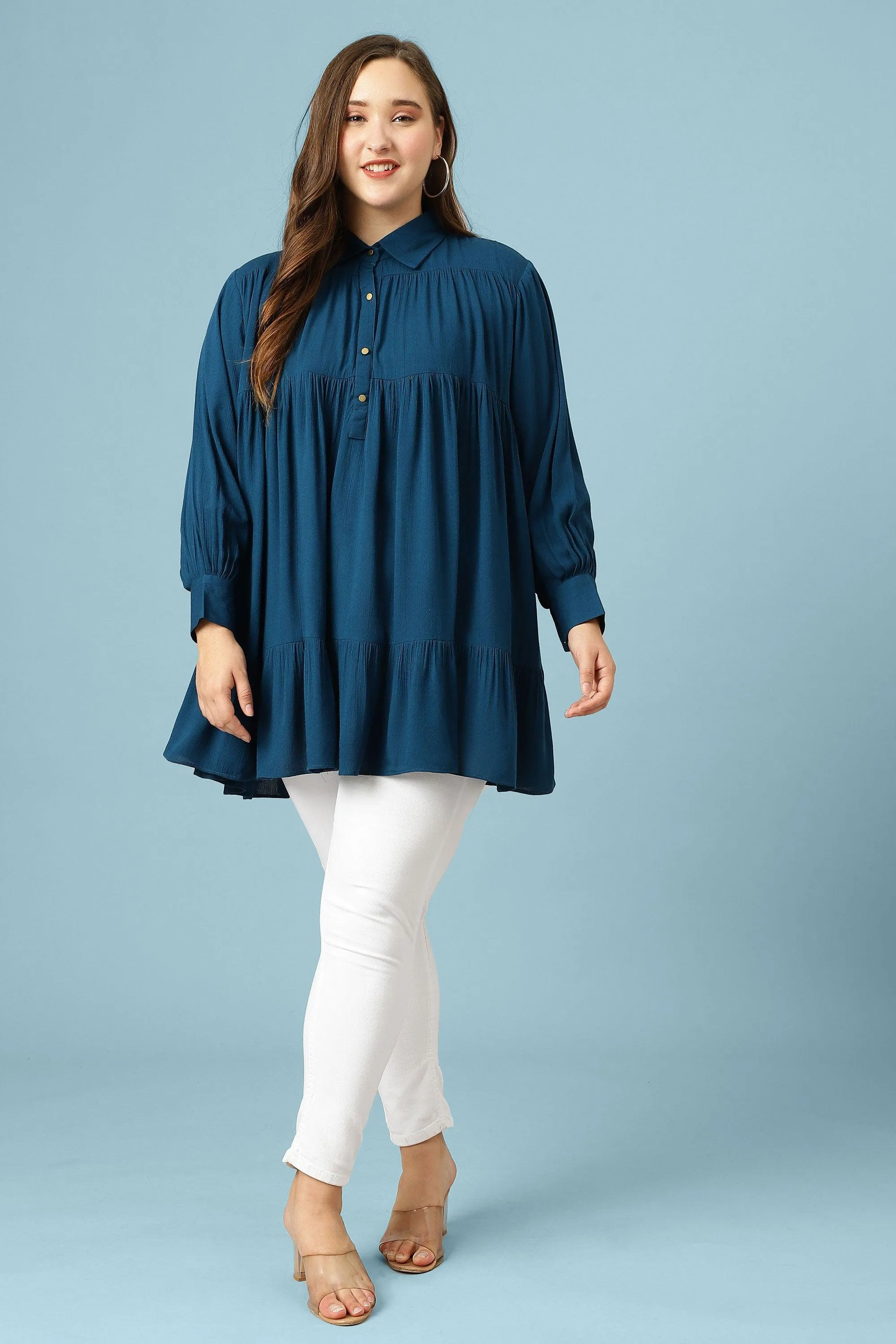 Curvy Lane Women Plus Size Bishop Sleeves Pleated Long Top