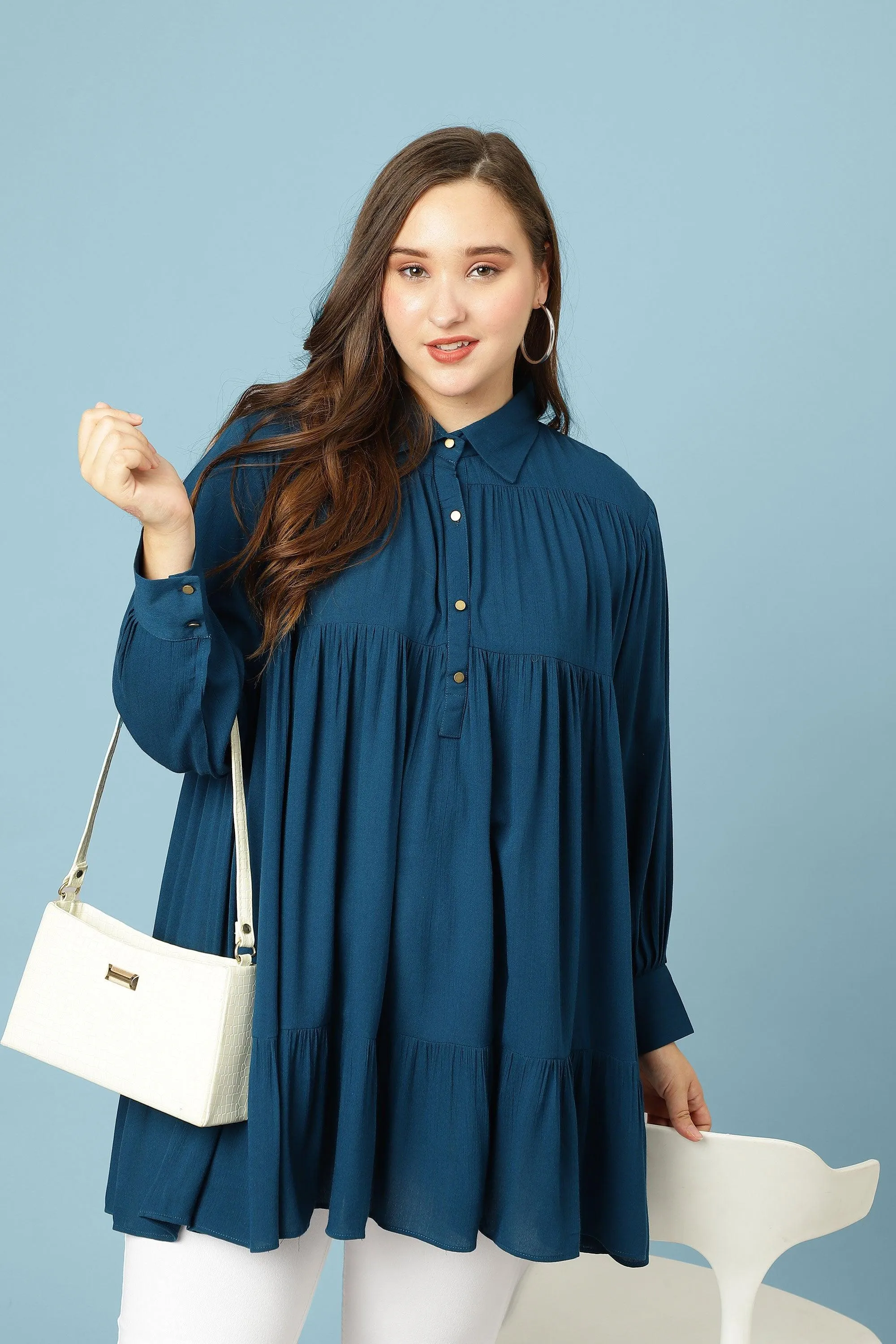 Curvy Lane Women Plus Size Bishop Sleeves Pleated Long Top