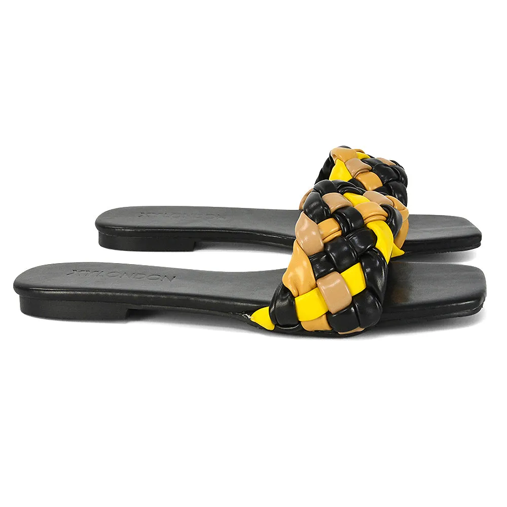 DARCIE WOVEN STRAP SQUARE TOE FLAT SLIDER SANDAL IN BLUE MULTI SYNTHETIC LEATHER