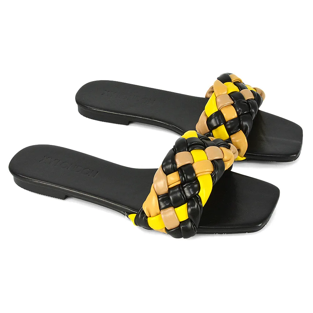 DARCIE WOVEN STRAP SQUARE TOE FLAT SLIDER SANDAL IN BLUE MULTI SYNTHETIC LEATHER