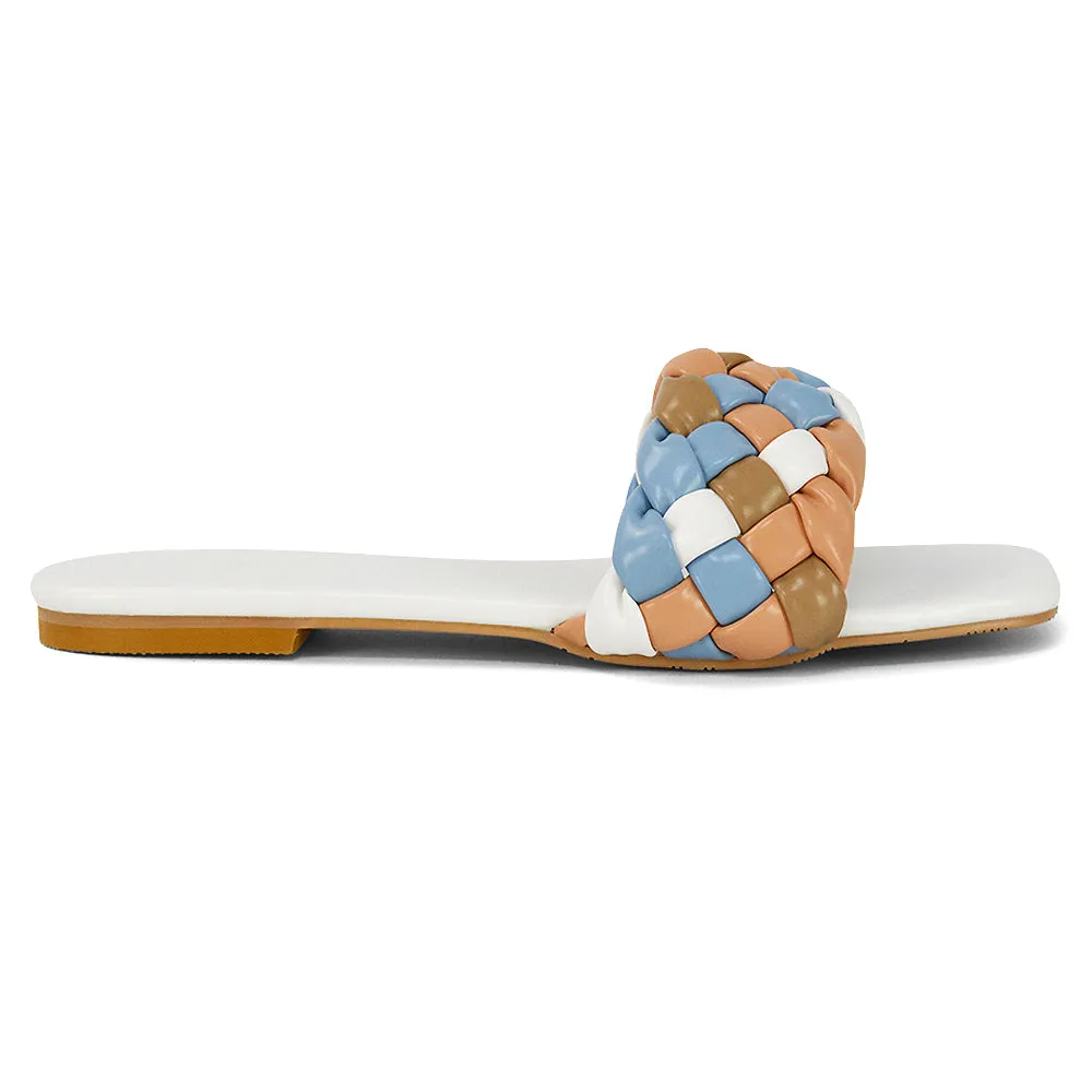 DARCIE WOVEN STRAP SQUARE TOE FLAT SLIDER SANDAL IN BLUE MULTI SYNTHETIC LEATHER