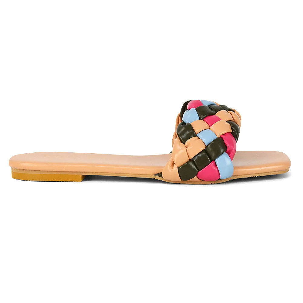 DARCIE WOVEN STRAP SQUARE TOE FLAT SLIDER SANDAL IN BLUE MULTI SYNTHETIC LEATHER