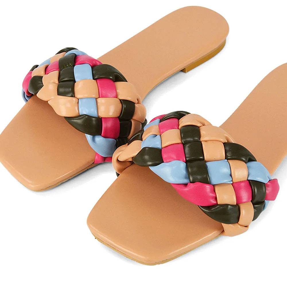 DARCIE WOVEN STRAP SQUARE TOE FLAT SLIDER SANDAL IN BLUE MULTI SYNTHETIC LEATHER