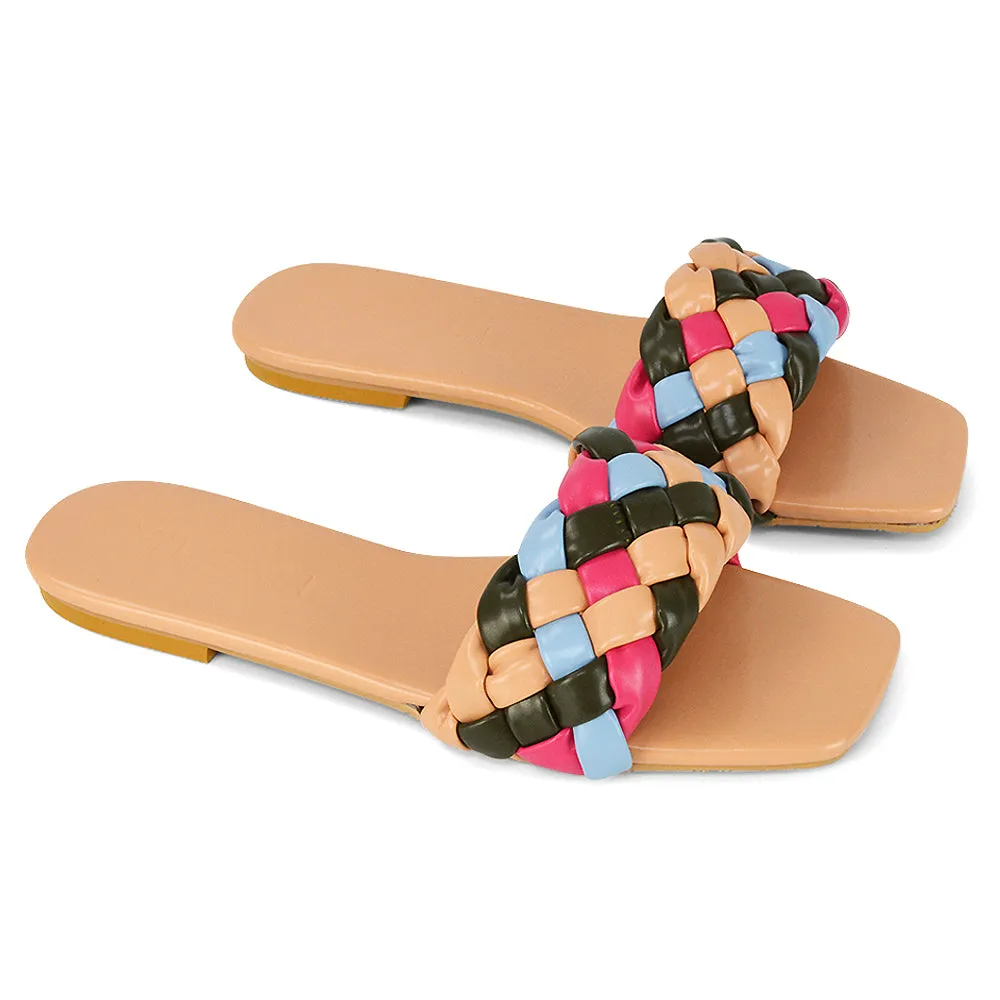 DARCIE WOVEN STRAP SQUARE TOE FLAT SLIDER SANDAL IN BLUE MULTI SYNTHETIC LEATHER