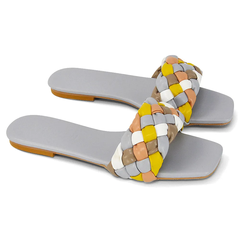 DARCIE WOVEN STRAP SQUARE TOE FLAT SLIDER SANDAL IN BLUE MULTI SYNTHETIC LEATHER