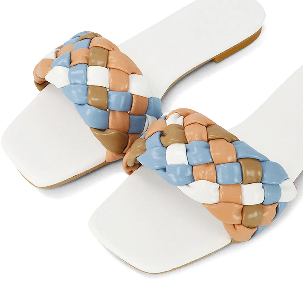 DARCIE WOVEN STRAP SQUARE TOE FLAT SLIDER SANDAL IN BLUE MULTI SYNTHETIC LEATHER