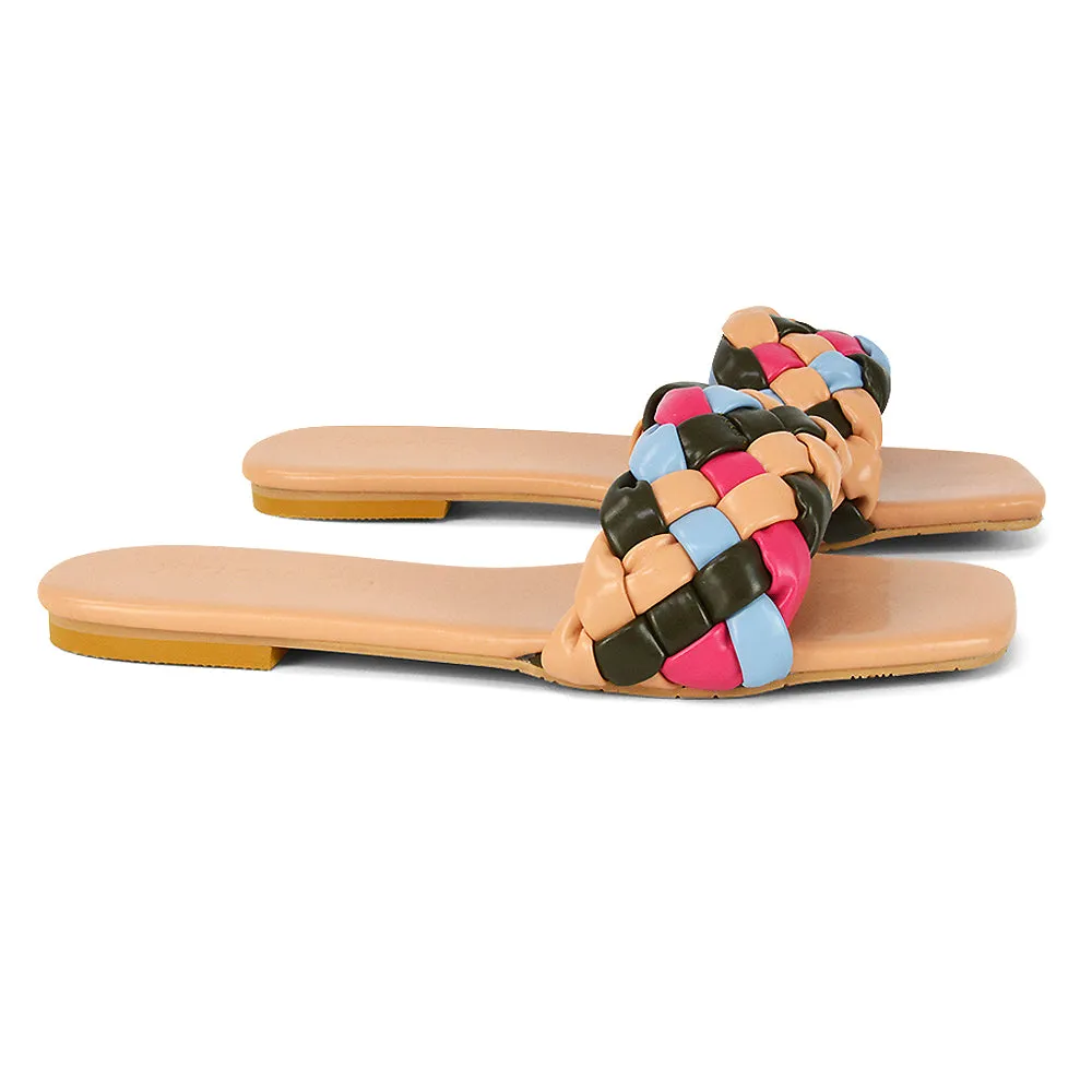 DARCIE WOVEN STRAP SQUARE TOE FLAT SLIDER SANDAL IN BLUE MULTI SYNTHETIC LEATHER