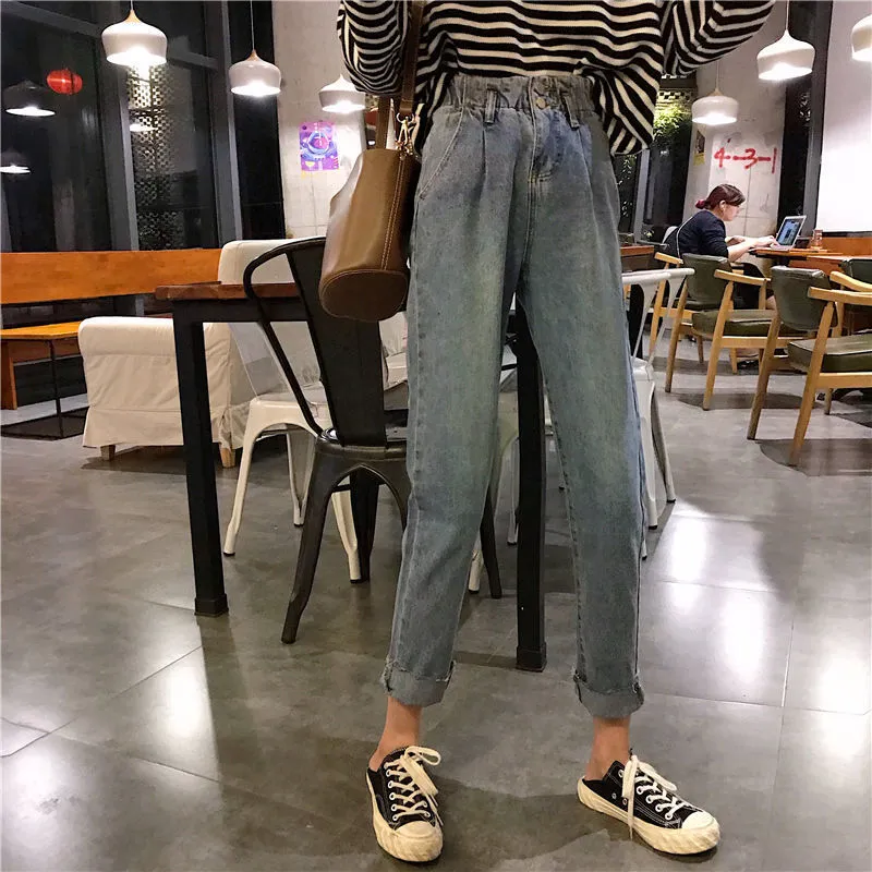 Dark Grey High Waist Denim Pants Women ins Korean Loose Straight Student All-Matching Wide Leg Baggy Pants