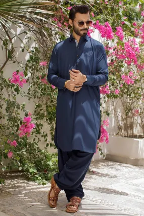 Deepak Perwani Men - Navy Blue Boski Linen Kurta Shalwar - KAS888 - 2 Piece