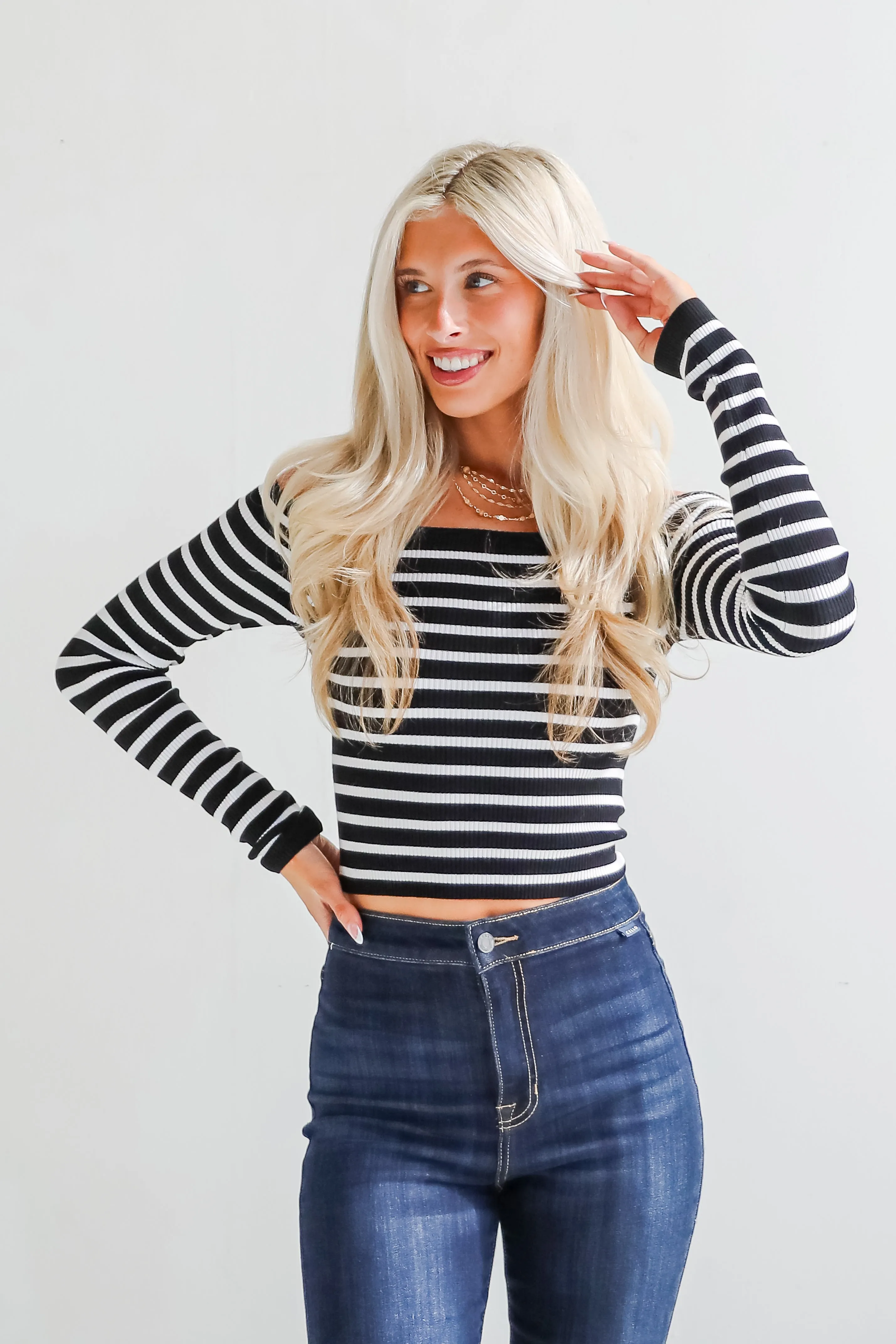 Desirable Aesthetic Black Striped Off-The-Shoulder Ribbed Top