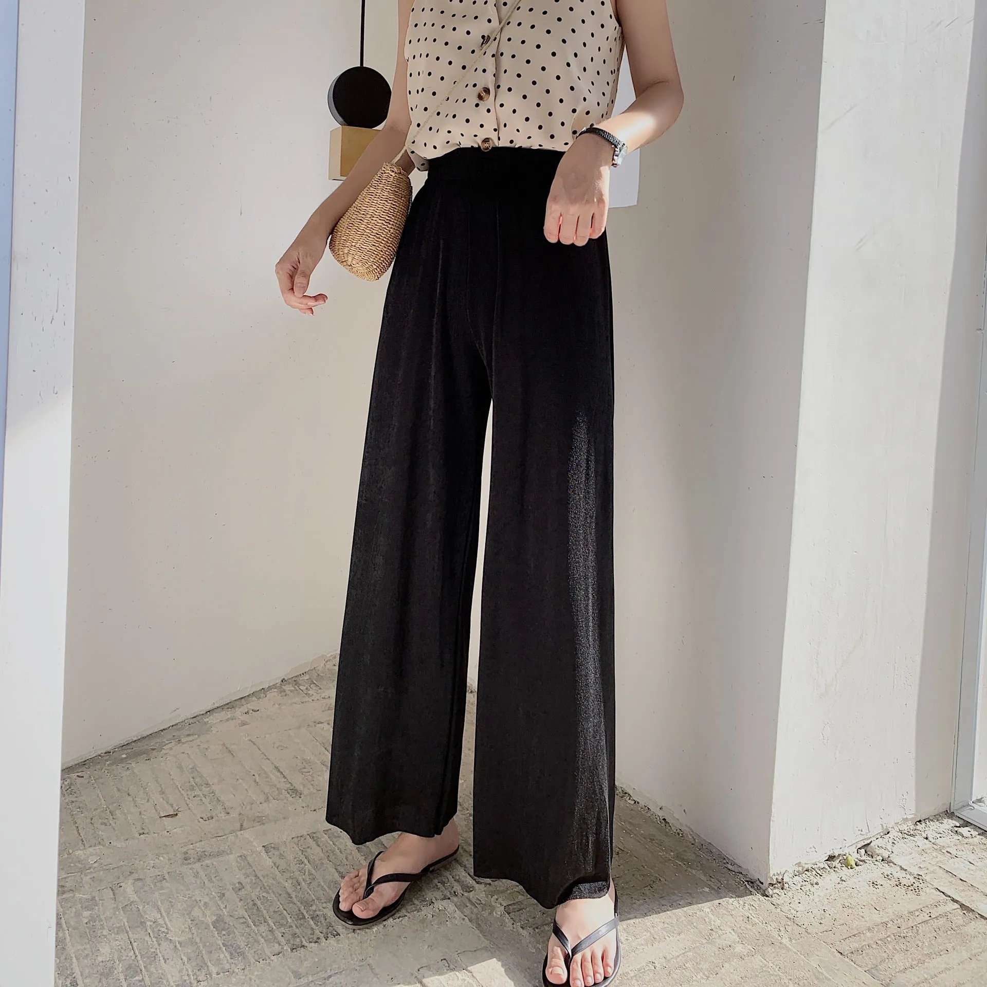 Drape Wide Leg Pants Women High Waist Floor Length Long Summer Straight Jeans Loose Slim Look Suits Casual Pants