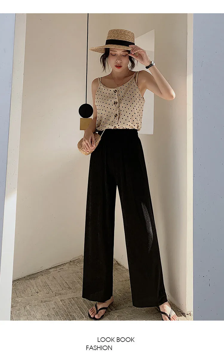 Drape Wide Leg Pants Women High Waist Floor Length Long Summer Straight Jeans Loose Slim Look Suits Casual Pants