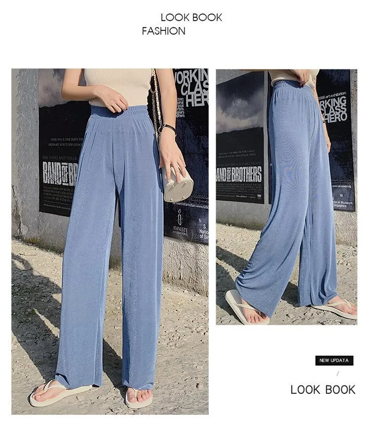 Drape Wide Leg Pants Women High Waist Floor Length Long Summer Straight Jeans Loose Slim Look Suits Casual Pants