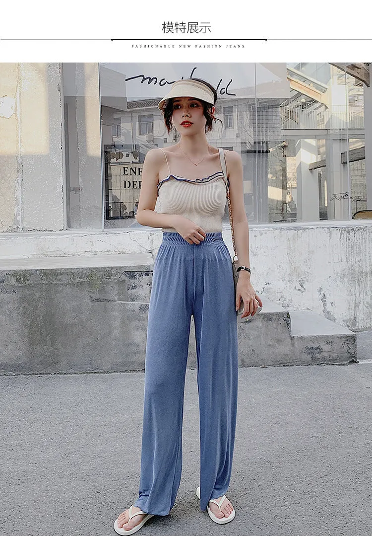 Drape Wide Leg Pants Women High Waist Floor Length Long Summer Straight Jeans Loose Slim Look Suits Casual Pants