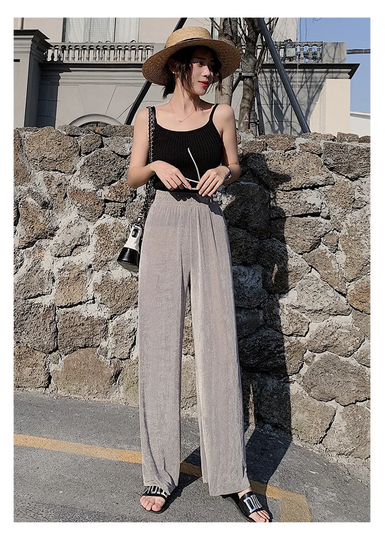 Drape Wide Leg Pants Women High Waist Floor Length Long Summer Straight Jeans Loose Slim Look Suits Casual Pants