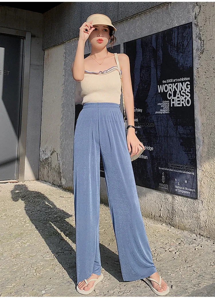 Drape Wide Leg Pants Women High Waist Floor Length Long Summer Straight Jeans Loose Slim Look Suits Casual Pants