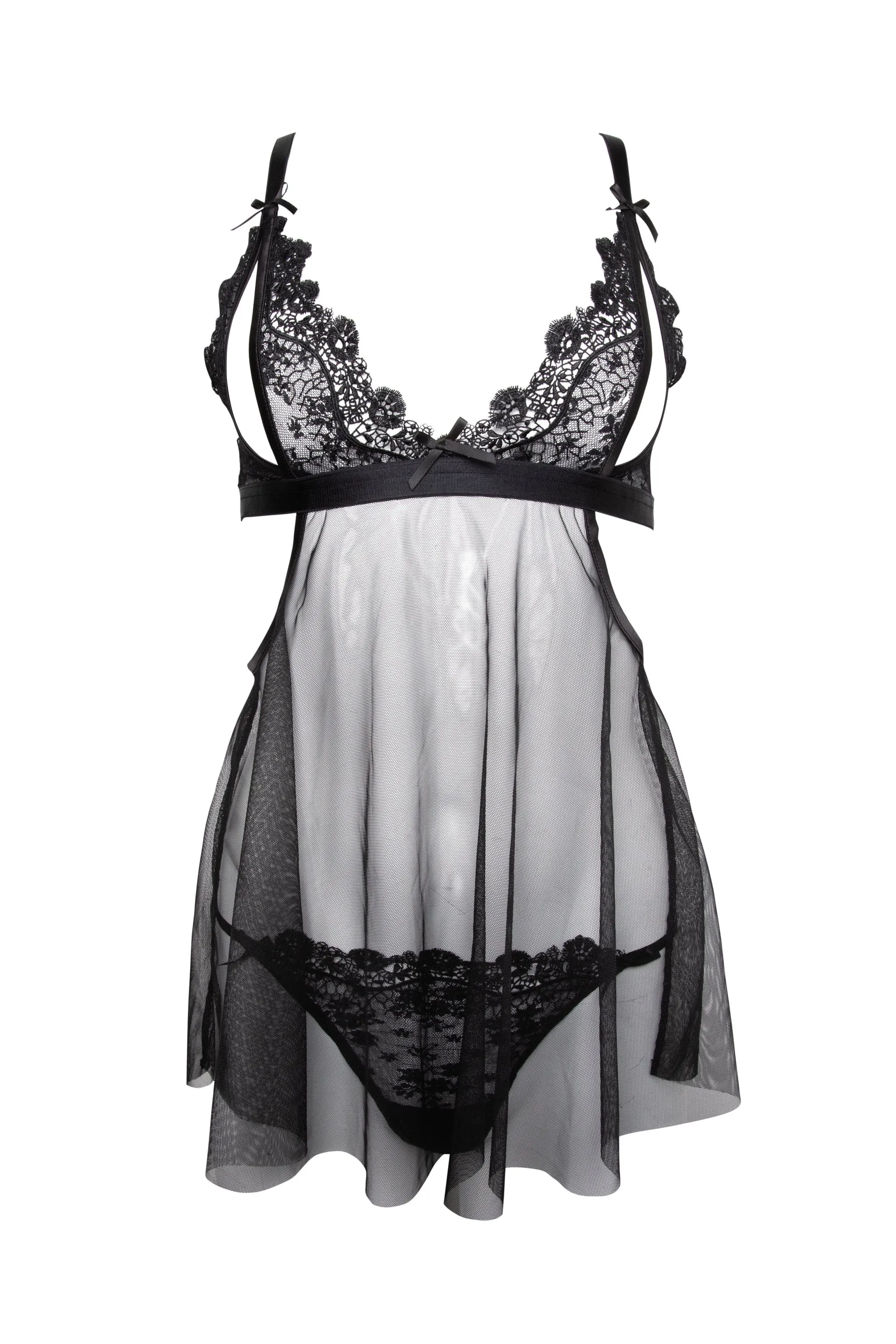 Dreamland Black Embroidered Peep Babydoll and Thong Set