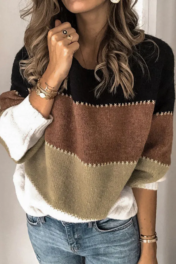 Dunnmall Casual Color Patchwork Round Neck Sweater