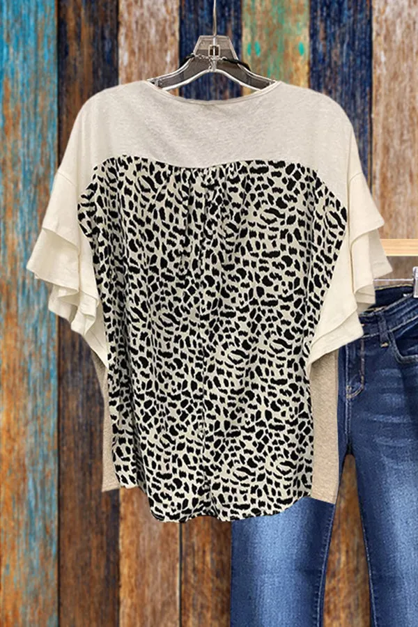 Dunnmall Leopard Print Top Ruffle Sleeve T-Shirt