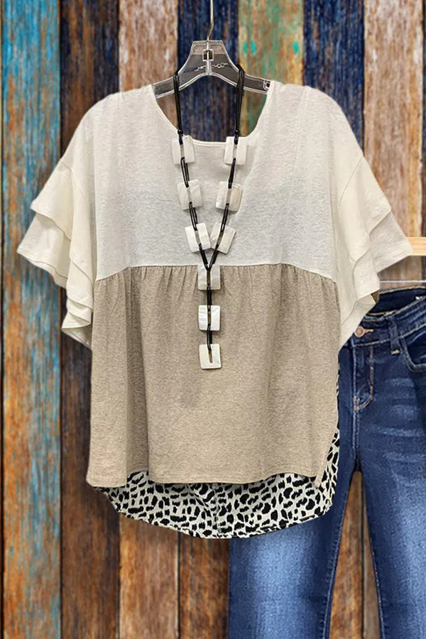 Dunnmall Leopard Print Top Ruffle Sleeve T-Shirt