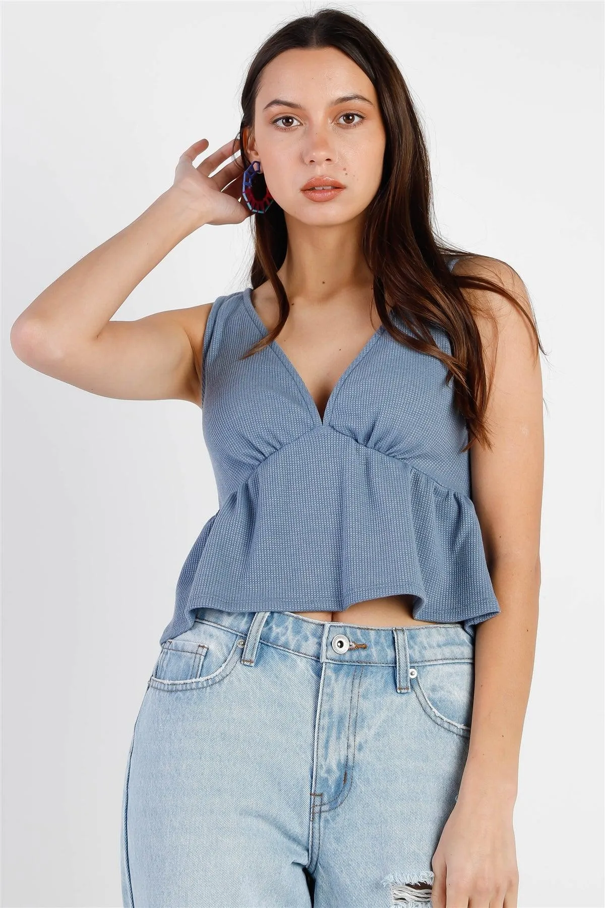 Dusty Blue Waffle Knit Ruffle Hem V-Neck Sleeveless Top /3-1-1