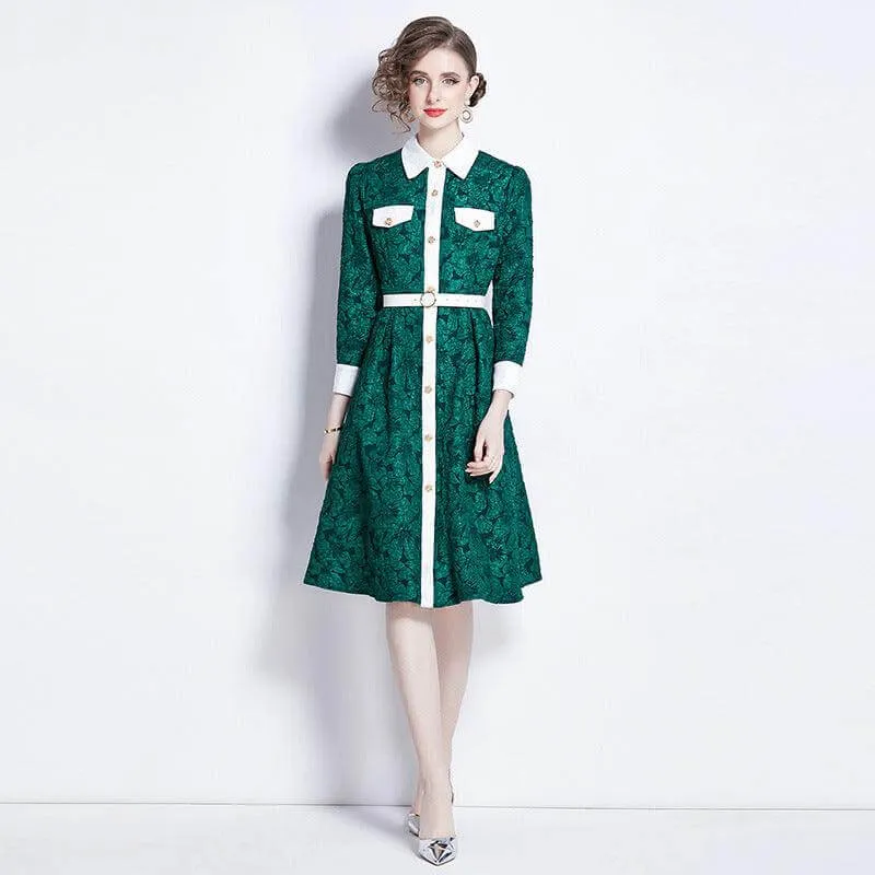 Elegant Dark Green Jacquard Long Sleeve Dress