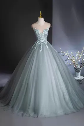 Elegant Tulle Lace Floor Length Prom Dress, Dusty Green Formal Evening Dress