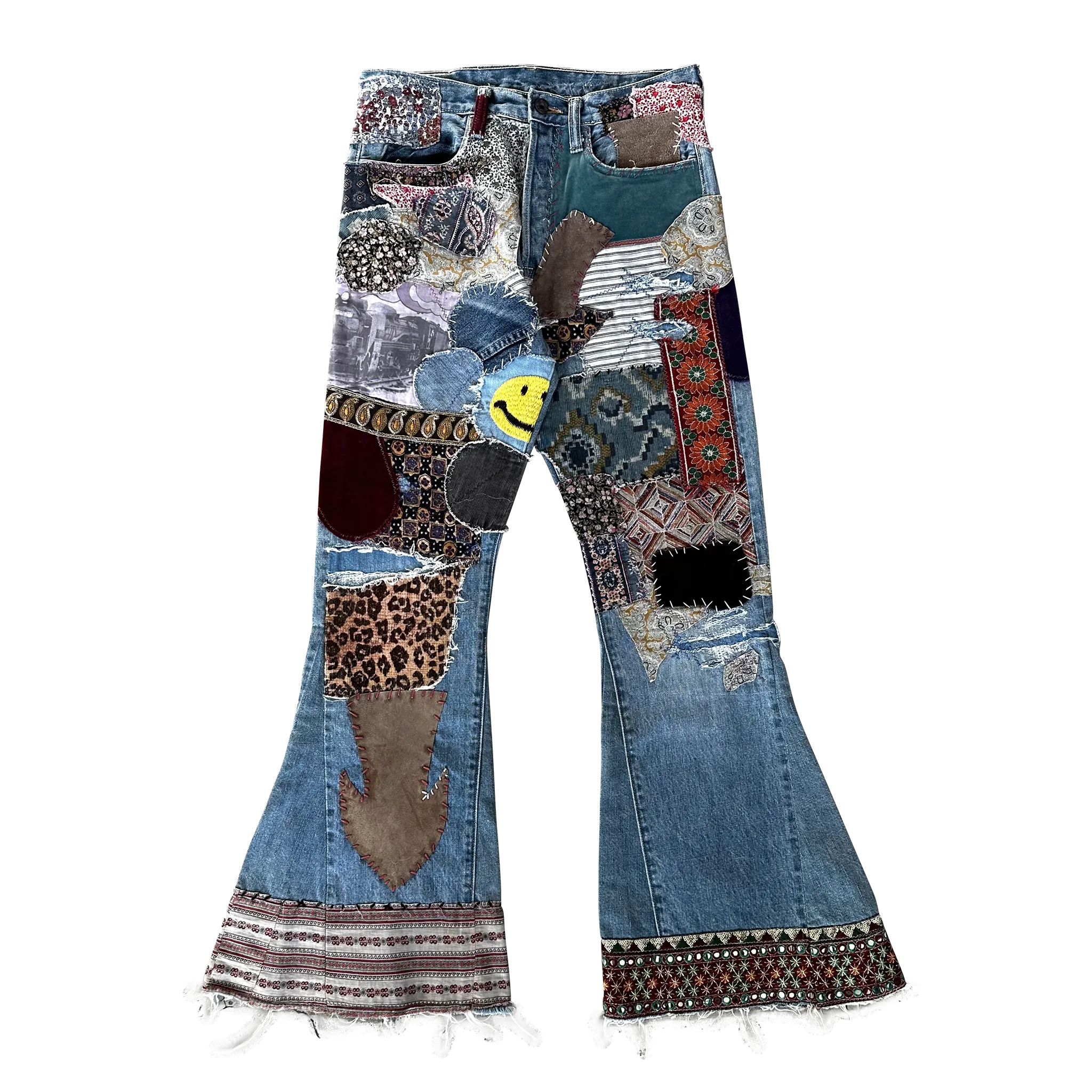 Embellished Patchwork Flared Jeans