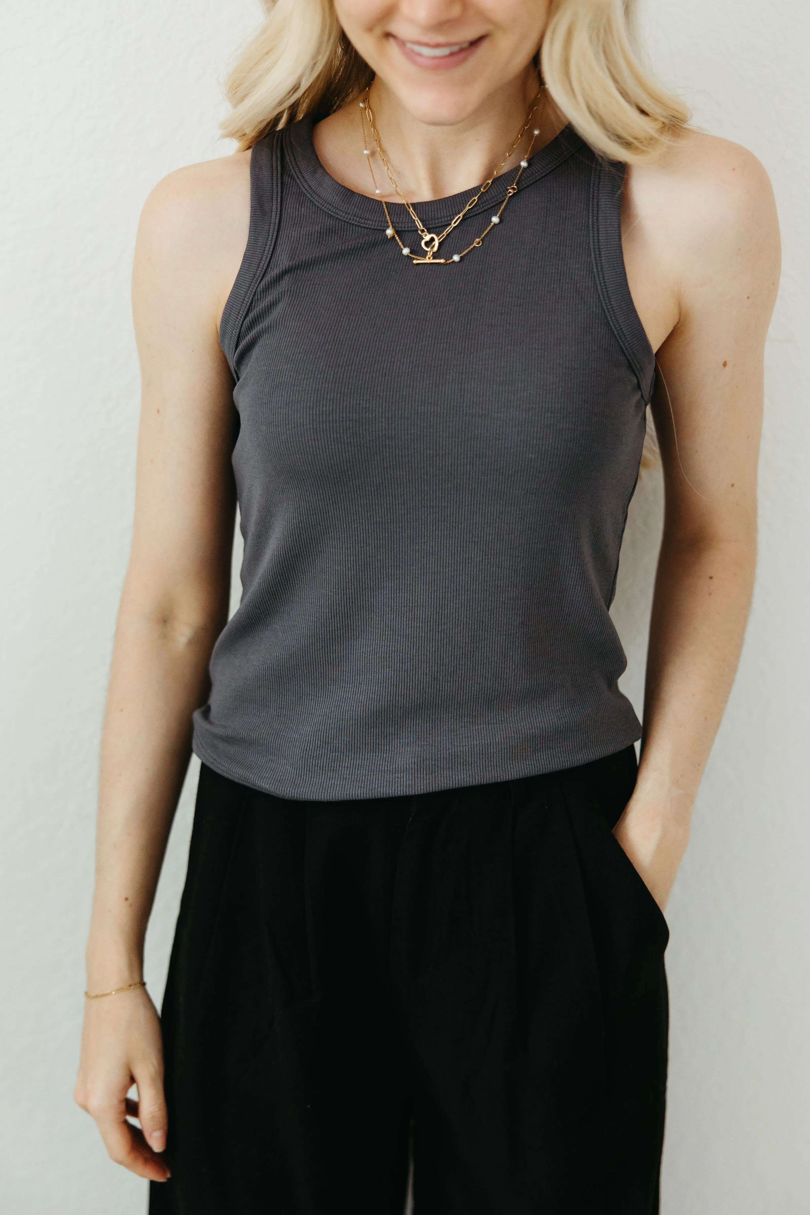 Everly Ribbed Knit Tank Top in Charcoal