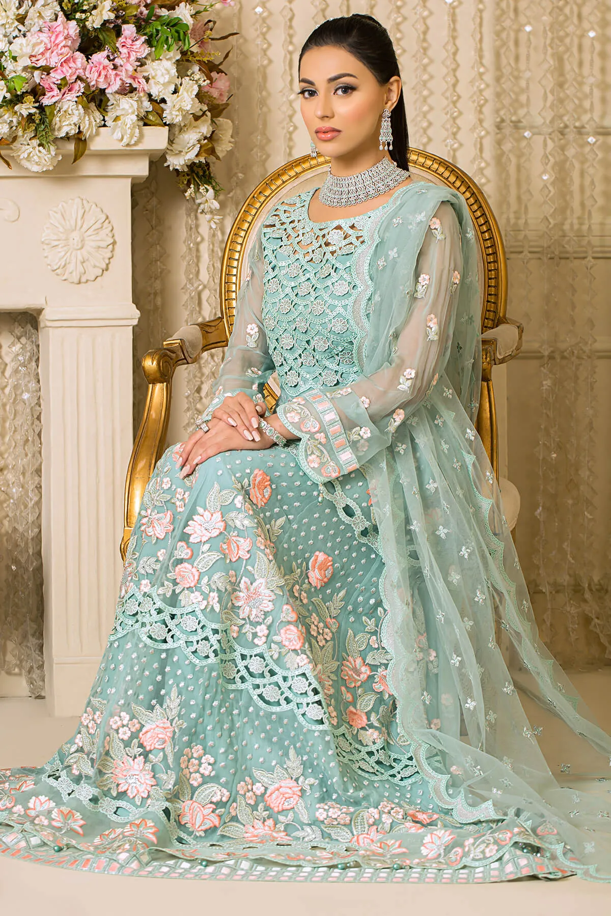 Festive Pakistani Eid Dress in Embroidered Net Frock Dupatta and Raw Silk Trousers Style