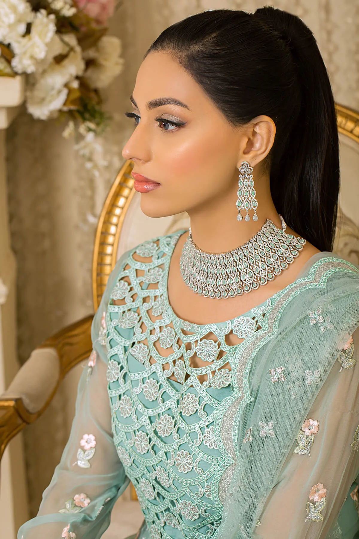 Festive Pakistani Eid Dress in Embroidered Net Frock Dupatta and Raw Silk Trousers Style