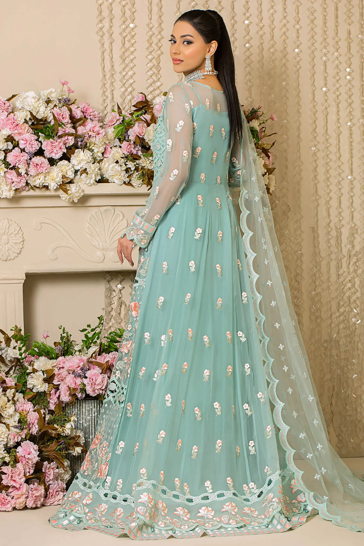 Festive Pakistani Eid Dress in Embroidered Net Frock Dupatta and Raw Silk Trousers Style