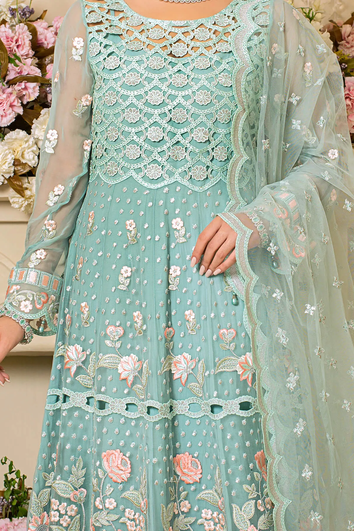 Festive Pakistani Eid Dress in Embroidered Net Frock Dupatta and Raw Silk Trousers Style