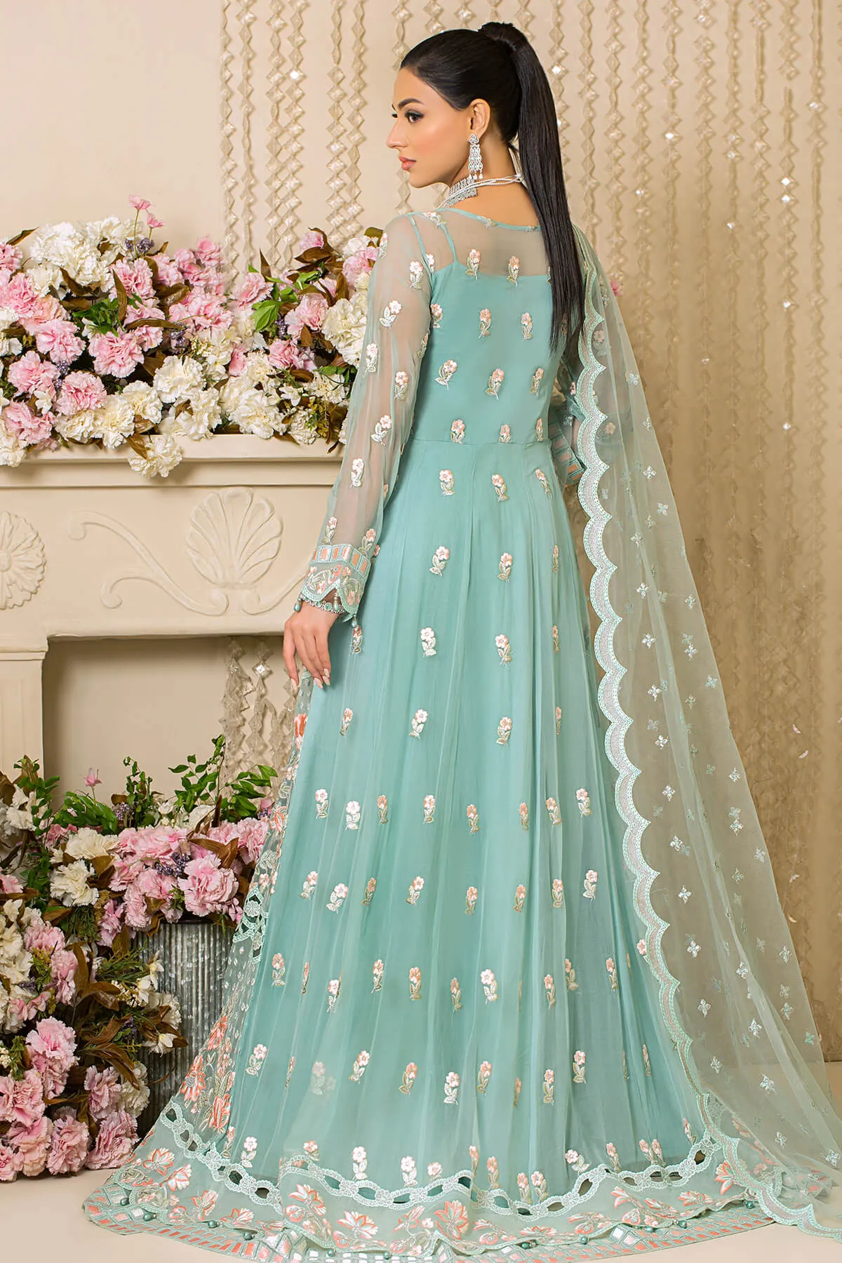 Festive Pakistani Eid Dress in Embroidered Net Frock Dupatta and Raw Silk Trousers Style